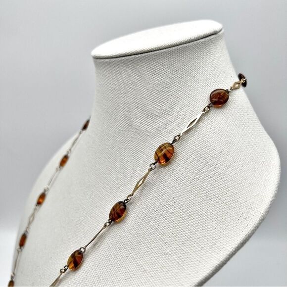 Gold Tone Diamond Shape Chain Amber Glass Striped Round Flat Bead Necklace 28” - Picture 3 of 10